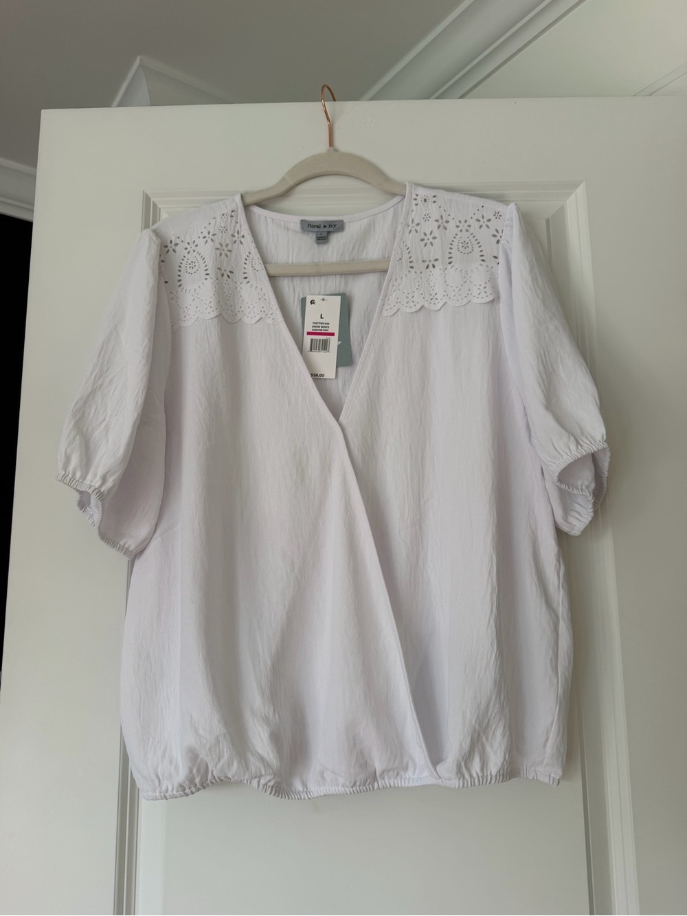 Floral & Ivy  White Eyelet Yoke Surplice Blouse